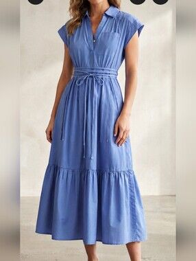 Ces Femme Sky Blue Tiered Tie-Waist Midi Dress